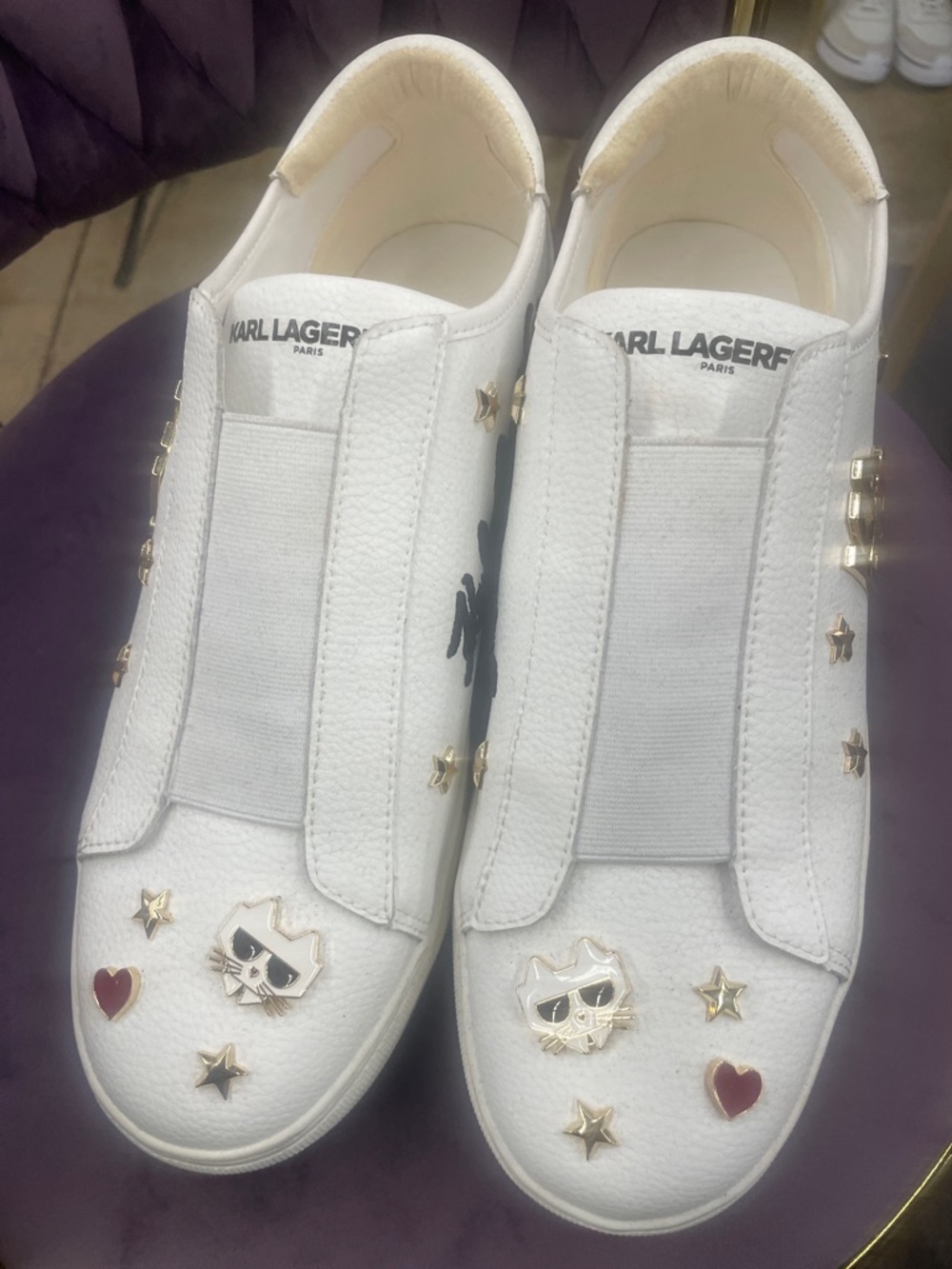 Karl Lagerfeld White Slip-On Sneakers with Gold Star Studs & Red Heart Accents